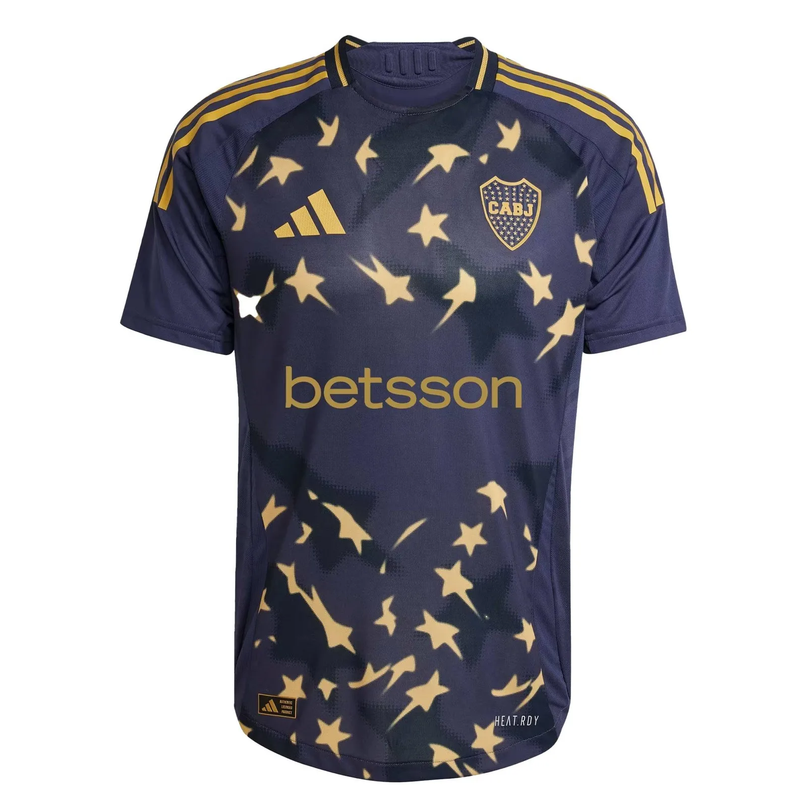 Boca Juniors third shirt 2025 in donkerblauw-goud met sterren-design — toont het reported derde ontwerp
